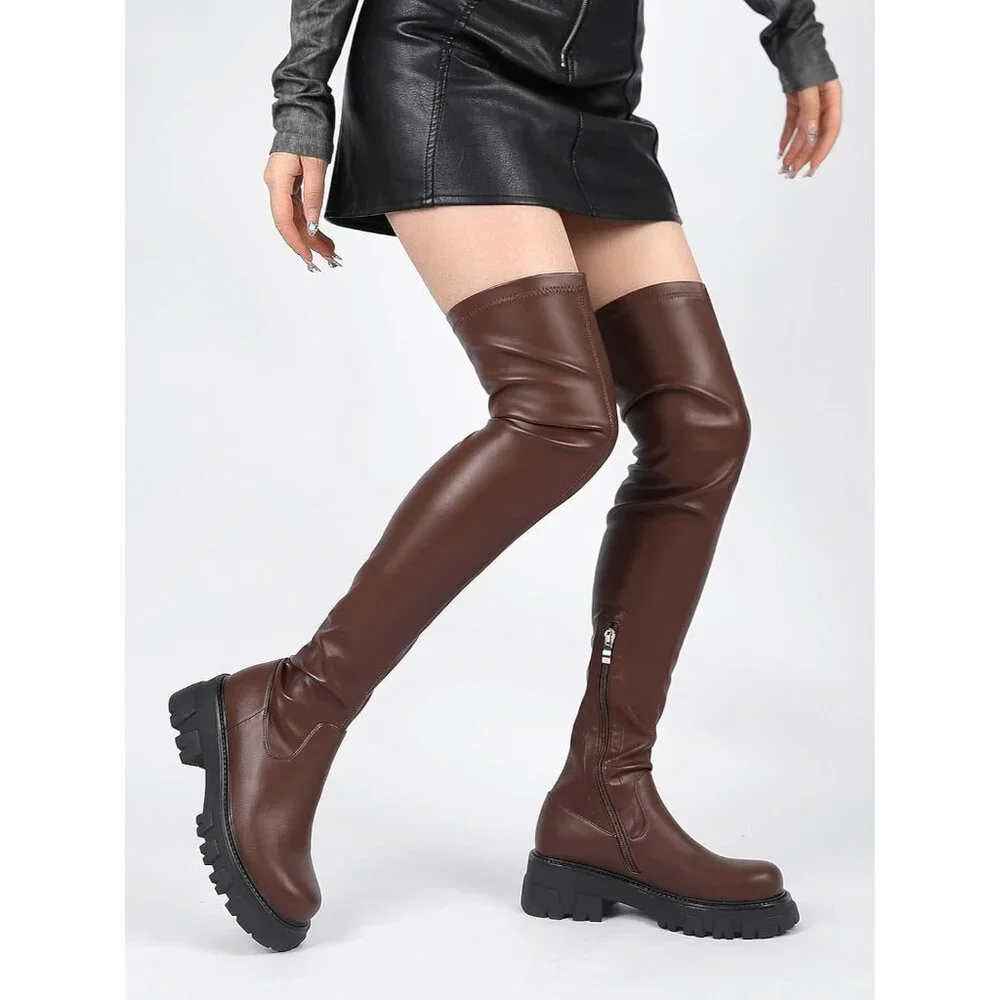 Women's Brown-Pu Leather High Thigh Over-the-Knee Stretch lug Sole Heel Boot